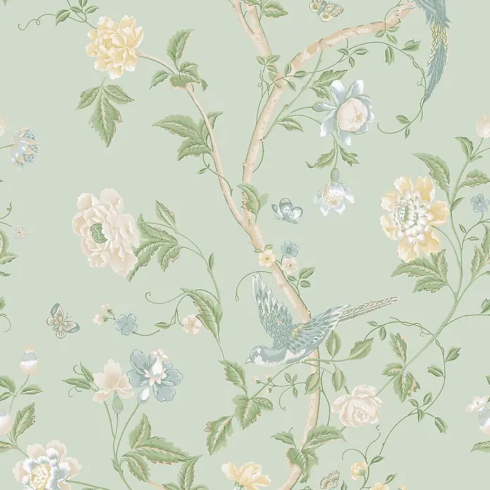 Laura Ashley Vliestapete Vliestapete Sommerpalast - Grün, Floral - Elegantes florales Muster mit hellblauen Vögeln, Schmetterlingen und cremefarbenen/gelben Blüten auf grünen Zweigen.