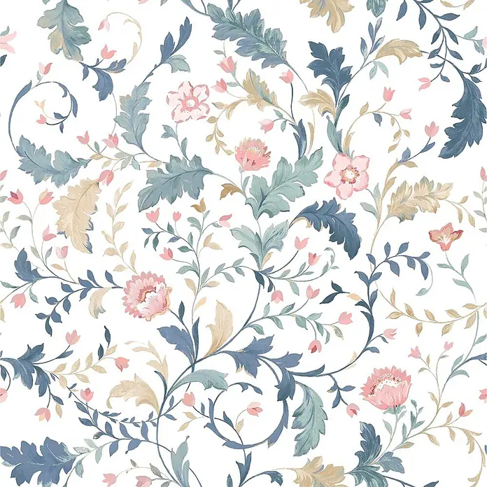 Laura Ashley Vliestapete Litton - Blau, Floral, 1.000 x 52 cm - Elegantes Blumenmuster mit rosa Blüten und rankendem Laub in Blau, Grün und Gold.