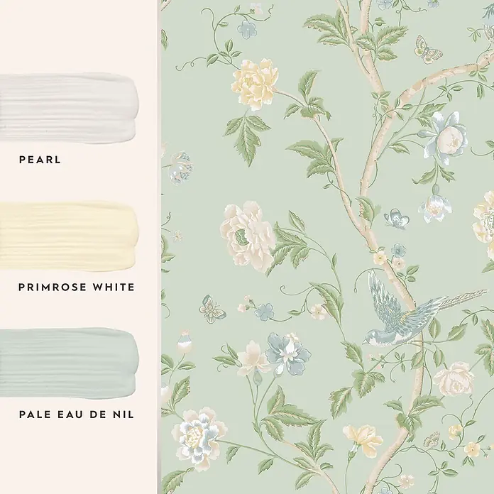 Laura Ashley Vliestapete Vliestapete Sommerpalast - Grün, Floral - Hellgrüne Tapete mit elegantem Blumen- und Vogelmuster, dazu passende Farbmuster in Perle, Primelweiß und Blassem Nilwasser.