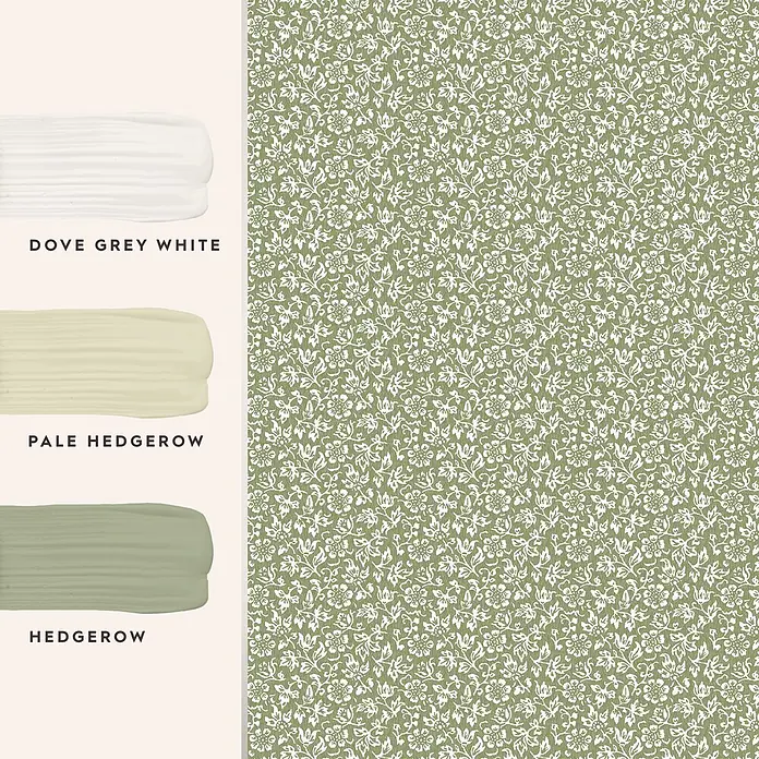 Laura Ashley Vliestapete Vliestapete Süßes Alyssum - Grün, Floral - Drei Farbproben (weiß, hellgrün, mittelgrün) neben einem grünen Blumenmuster mit weißen Pflanzenmotiven, eine koordinierte Palette zeigend.