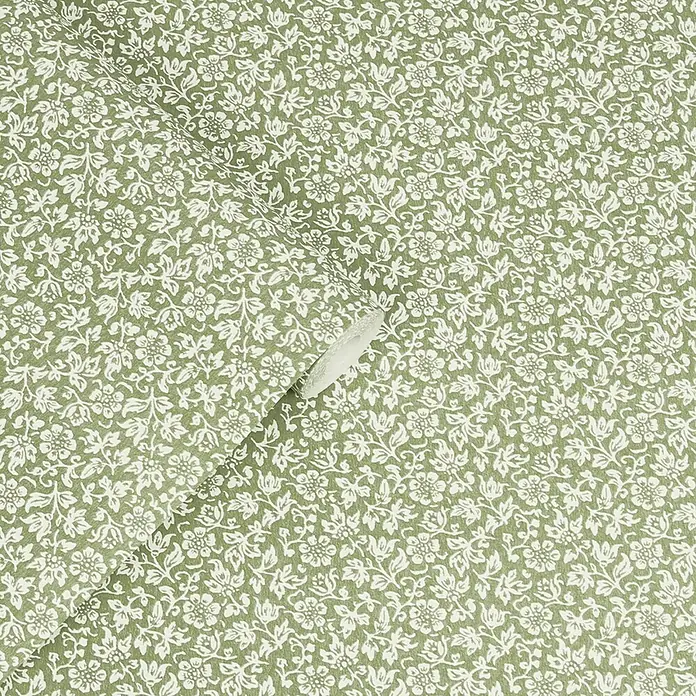 Laura Ashley Vliestapete Vliestapete Süßes Alyssum - Grün, Floral - Grüntapete mit kleinem weißem Blumen- und Rankenmuster.