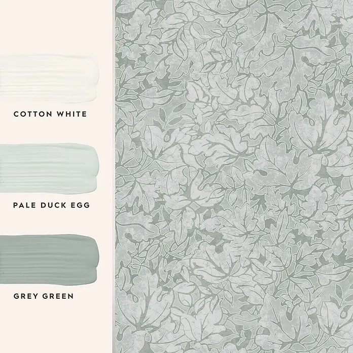 Laura Ashley Vliestapete Corrina Blatter - Grün, Floral, 1.000 x 52 cm - Drei Farbmuster (Cotton White, Pale Duck Egg, Grey Green) und eine mattgrüne Tapete mit Blattmuster.