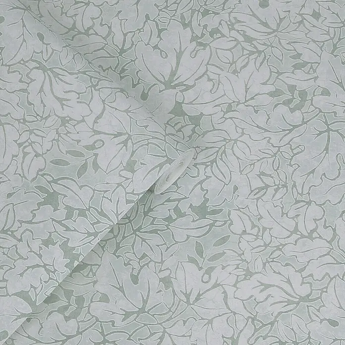 Laura Ashley Vliestapete Corrina Blatter - Grün, Floral, 1.000 x 52 cm - Hellgrüne und cremefarbene Tapetenrolle mit einem natürlichen, sich wiederholenden Blattmuster.