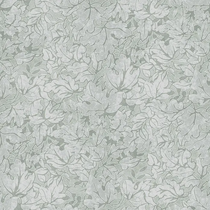 Laura Ashley Vliestapete Corrina Blatter - Grün, Floral, 1.000 x 52 cm - Hellgrüne und graue Tapete mit einem komplizierten, überlappenden Blattmuster.