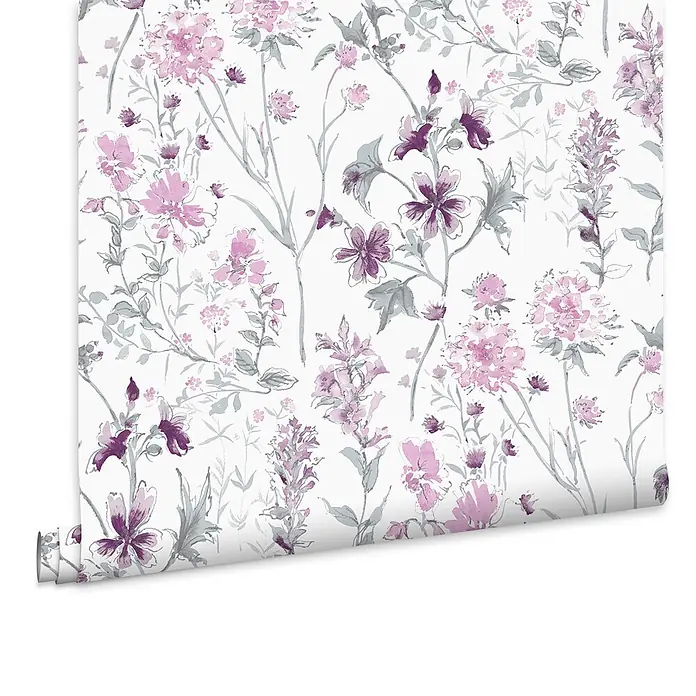Laura Ashley Vliestapete Vliestapete Wilde Wiese - Rosa/Weiß, Floral - Gerollte Aquarell-Blumentapete mit rosa, lila und grauen Blumen.