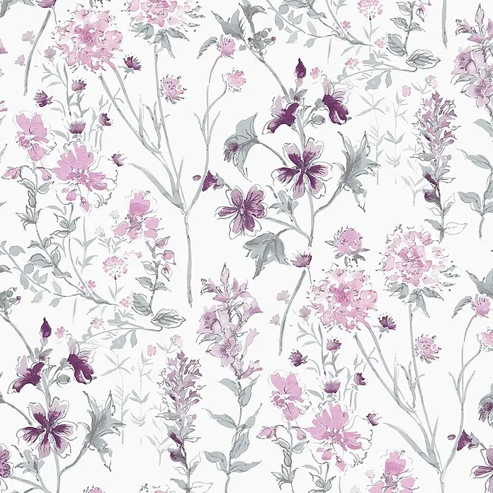 Laura Ashley Vliestapete Vliestapete Wilde Wiese - Rosa/Weiß, Floral - Aquarell-Blumenmuster mit lila und grauen Blüten.