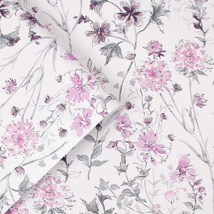 Laura Ashley Vliestapete Vliestapete Wilde Wiese - Rosa/Weiß, Floral - Tapete mit zartem Blumenmuster in Lavendel und Grau, teilweise abgerollt.