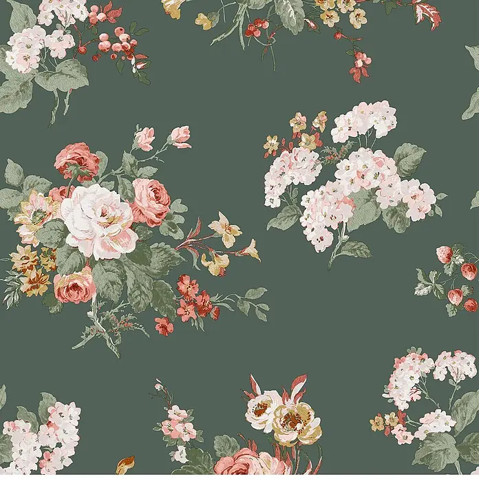 Laura Ashley Vliestapete Rosemore - Dunkelgrün, Floral, 1.000 x 52 cm - Florales Muster mit rosa, weißen und gelben Blüten, roten Beeren und grünem Laub.