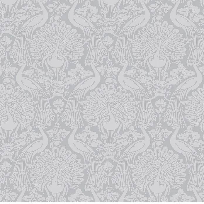 Laura Ashley Vliestapete Pfauendamast - Grau, Tieroptik, 1.000 x 52 cm - Nahtlose hellgraue Tapete mit Pfauen und floralen Motiven.