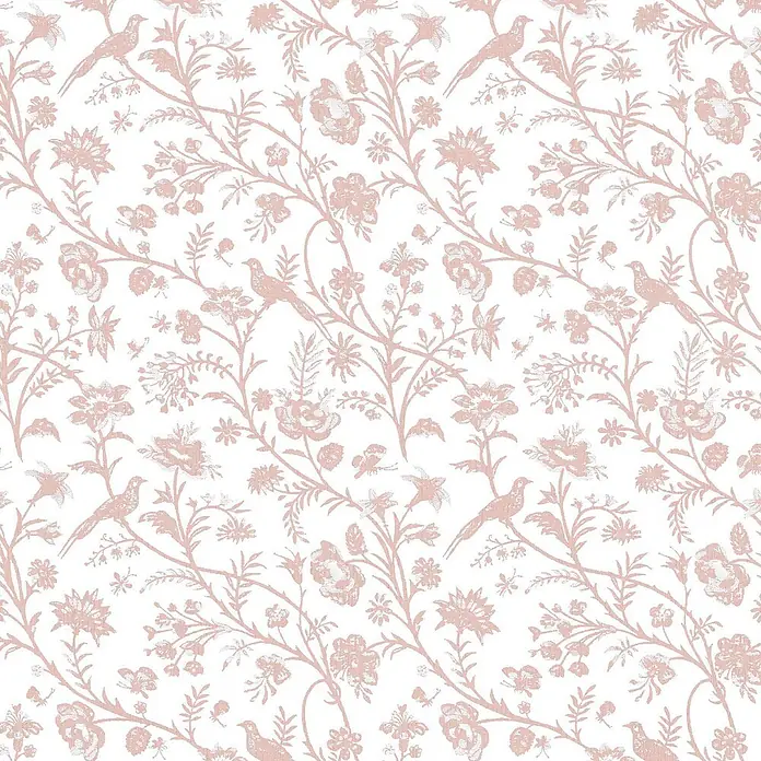 Laura Ashley Vliestapete Vliestapete Hirtentäschel - Rosa, Floral - Nahtloses hellrosa Blumenmuster mit Vögeln, Schmetterlingen und Ästen.