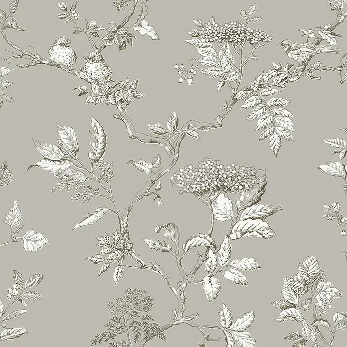 Laura Ashley Vliestapete Elderwood - Grau, Floral, 1.000 x 52 cm - Naturmuster mit Vögeln, Ästen, Blättern und Beeren im Skizzenstil.