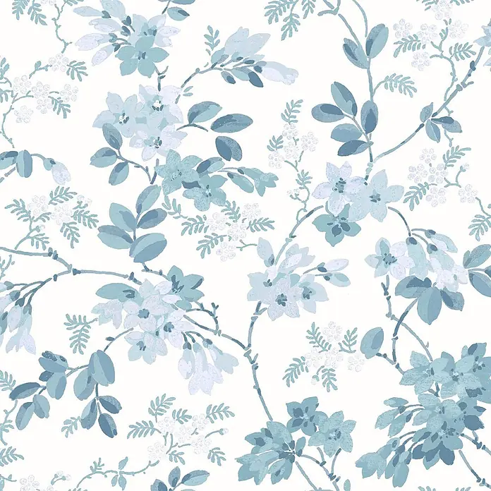 Laura Ashley Vliestapete Yewland Blumen - Blau, Ornament, 1.000 x 52 cm - Nahtloses Blumenmuster mit Ästen, Blättern und Blüten in hellblauen und türkisen Farbtönen.