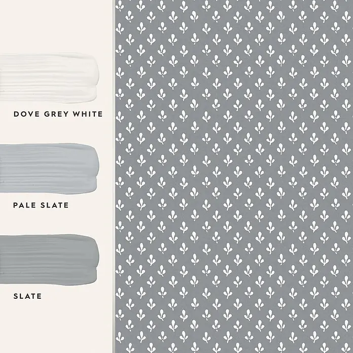 Laura Ashley Vliestapete Trefoil - Grau, Ornament, 1.000 x 52 cm - Farbstreifen: Dove Grey White, Pale Slate, Slate. Kombiniert mit grauer Tapete mit kleinen weißen Blattmotiven.