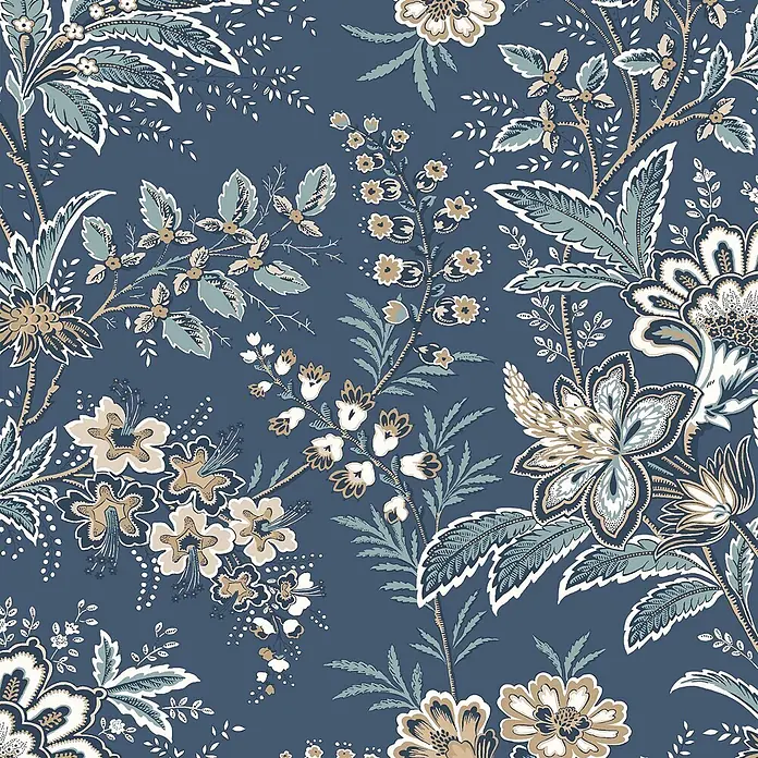 Laura Ashley Vliestapete Vliestapete antikes Textil - Blau, Floral - Aufwendiges Blumenmuster auf Dunkelblau, mit großen Blättern und Blüten in Blaugrün, Weiß und Beige.