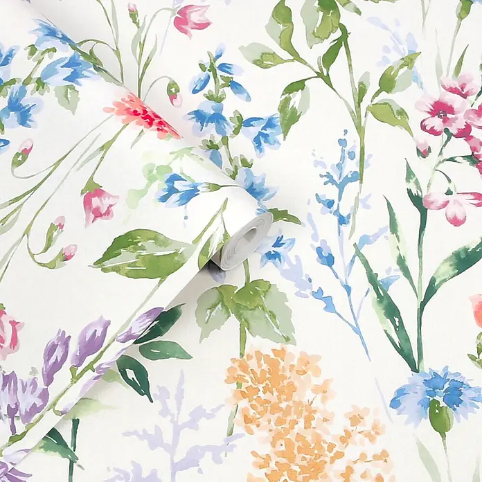 Laura Ashley Vliestapete Vliestapete Elston Garten Wildblume - Mehrfarbig, Floral, 10 x 0,52 m - Gerollte Tapete mit Aquarell-Blumenmuster in Rosa, Blau, Lila, Orange und Grün.