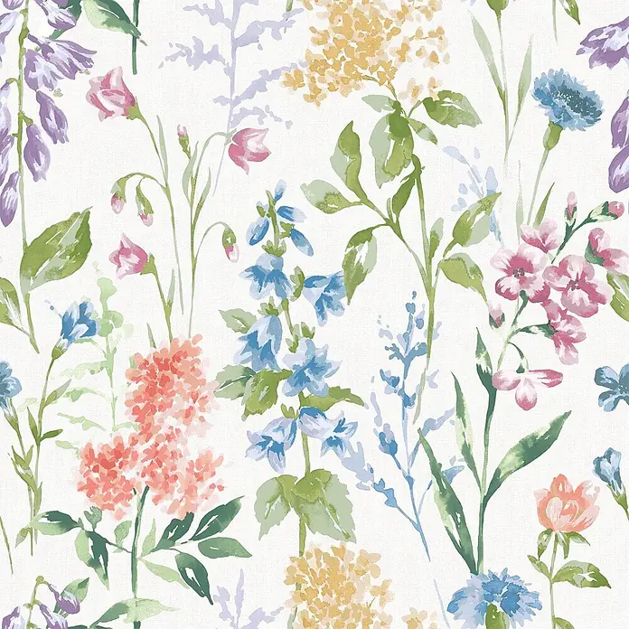 Laura Ashley Vliestapete Vliestapete Elston Garten Wildblume - Mehrfarbig, Floral, 10 x 0,52 m - Aquarell-Blumenmuster mit lila, rosa, blau, orange und gelben Blumen.