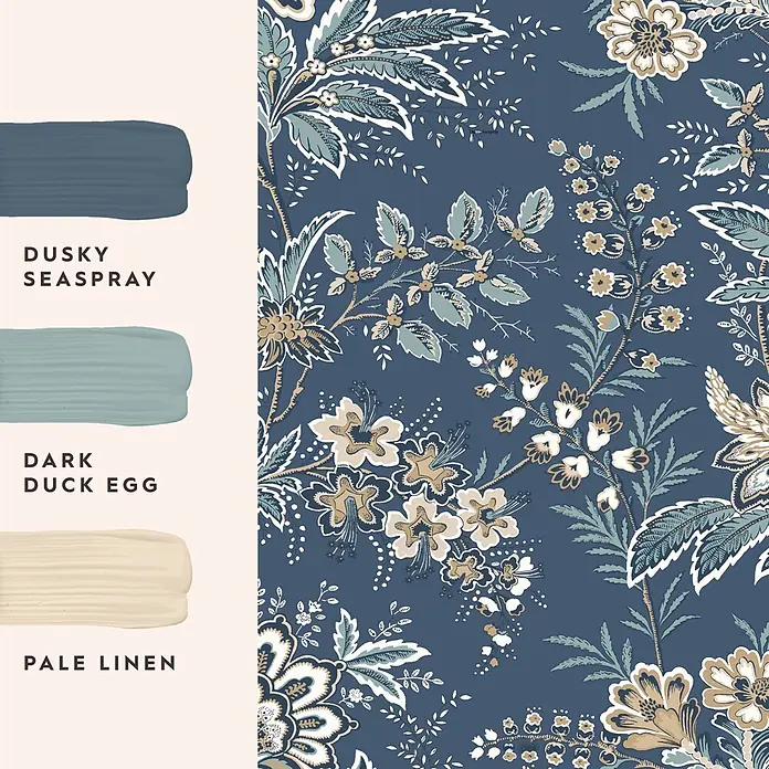 Laura Ashley Vliestapete Vliestapete antikes Textil - Blau, Floral - Blaues Blumenmuster mit weißen, türkisgrünen und beigen Elementen, plus Farbpalette Dusky Seaspray, Dark Duck Egg, Pale Linen.