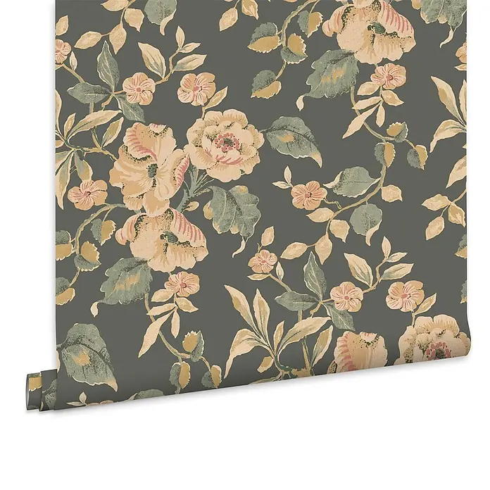 Laura Ashley Vliestapete Hibiskusblüten - Grün, Ornament, 1.000 x 52 cm - Eine Rolle Tapete mit floralem Vintage-Muster: große beige-rosa Blumen mit grünen Blättern.