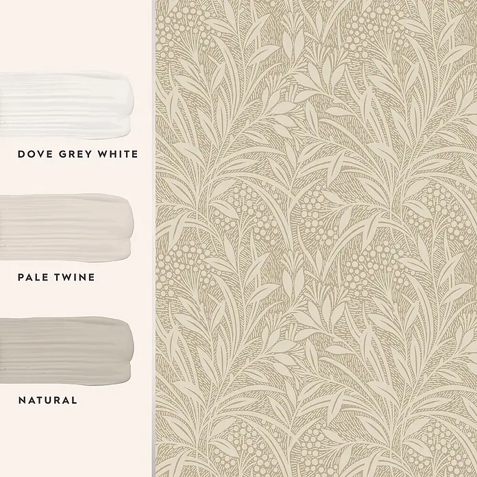 Laura Ashley Vliestapete Gerstenpflanzen - Beige, Floral, 1.000 x 52 cm - Beigefarbene botanische Tapete mit drei Farbmustern: Dove Grey White, Pale Twine und Natural als Farbpalette.
