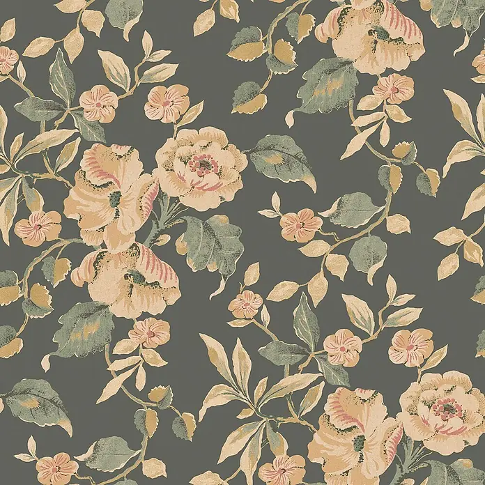 Laura Ashley Vliestapete Hibiskusblüten - Grün, Ornament, 1.000 x 52 cm - Vintage Blumenmuster mit hellen Pfirsich- und Rosa-Blüten, grünen und goldenen Blättern.