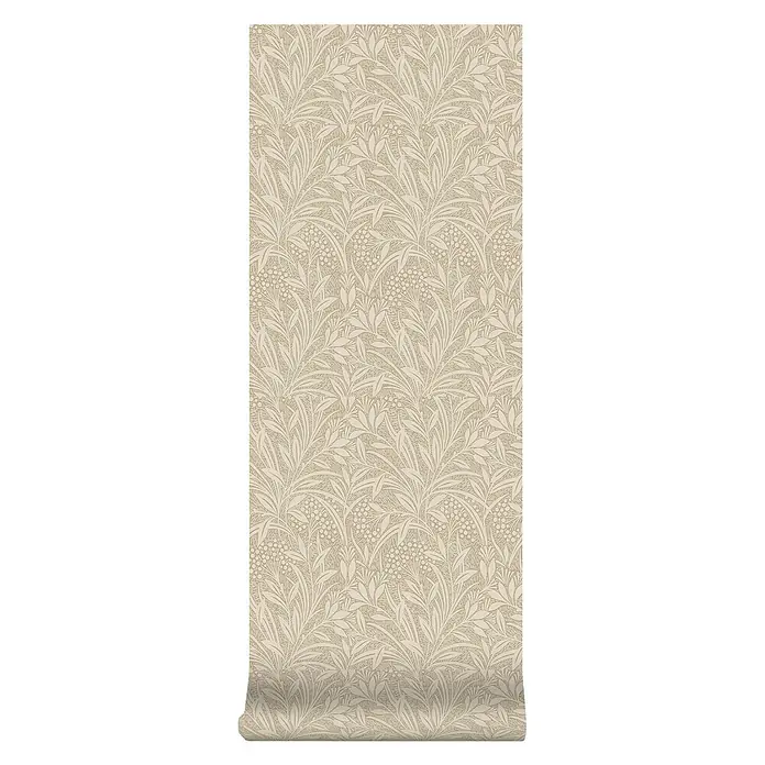 Laura Ashley Vliestapete Gerstenpflanzen - Beige, Floral, 1.000 x 52 cm - Beige Tapetenrolle mit dezentem, detailliertem botanischem Blatt- und Beerenmuster, teilweise abgerollt.