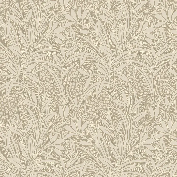 Laura Ashley Vliestapete Gerstenpflanzen - Beige, Floral, 1.000 x 52 cm - Nahtloses beiges und cremefarbenes Blumenmuster mit stilisierten Blättern und Beeren, auf leicht texturiertem Hintergrund.