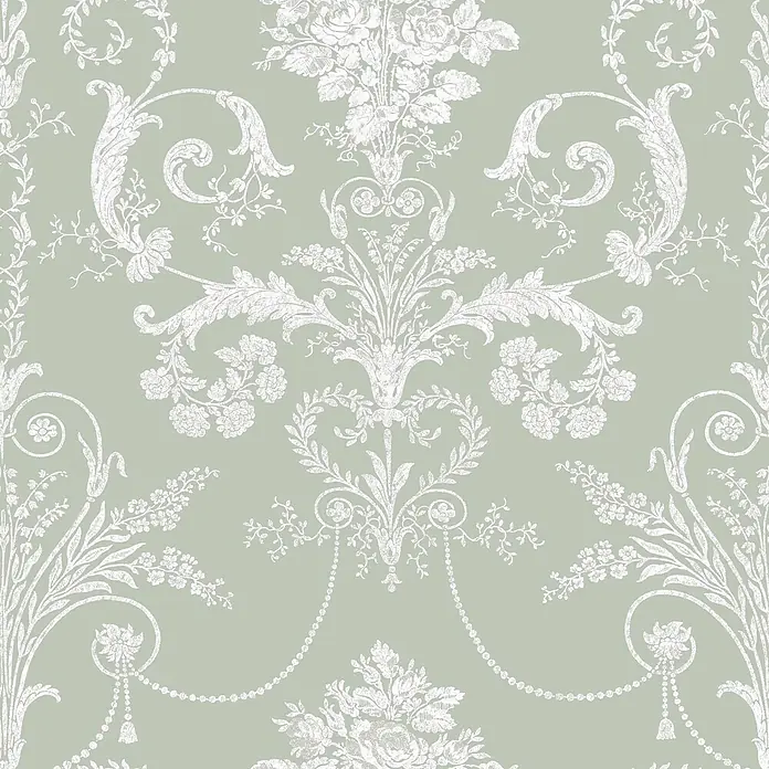 Laura Ashley Vliestapete Josette Damast - Grün, Ornament, 1.000 x 52 cm - Weißes Damast-Blumen- und Ranken-Tapetenmuster.