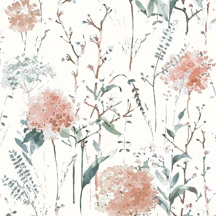Laura Ashley Vliestapete Aquarell Blumen - Rosa, Floral, 1.000 x 52 cm - Aquarell-Blumenmuster mit korallenroten Hortensien und grünem Laub.