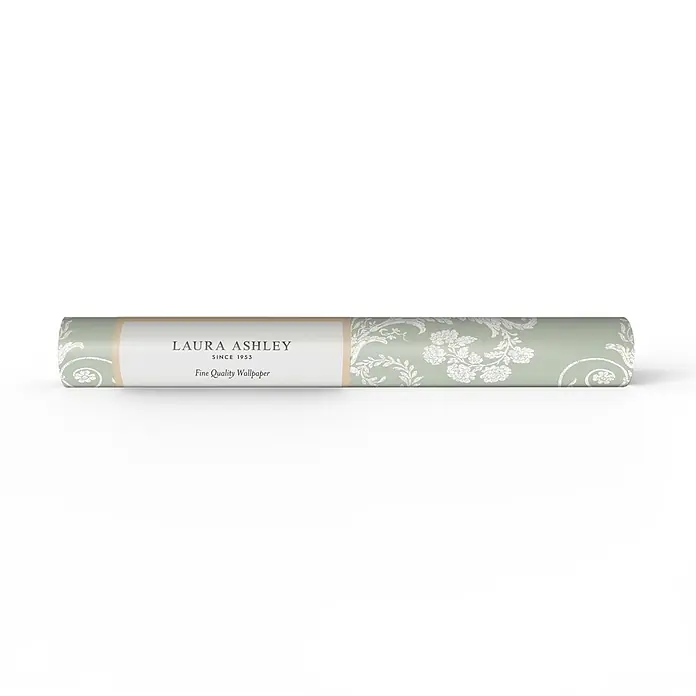 Laura Ashley Vliestapete Josette Damast - Grün, Ornament, 1.000 x 52 cm - Hellgrüne Laura Ashley Tapetenrolle mit weißem Blumenmuster.
