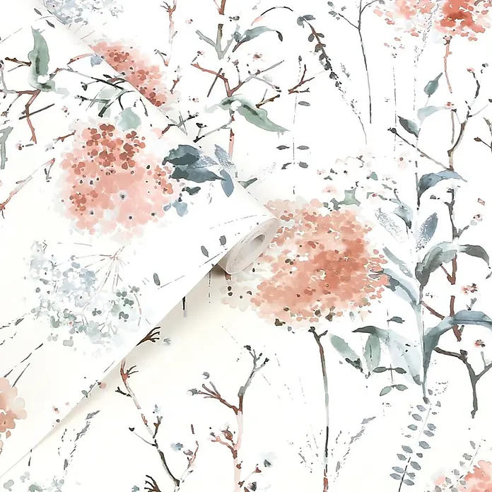 Laura Ashley Vliestapete Aquarell Blumen - Rosa, Floral, 1.000 x 52 cm - Florale Aquarell-Tapete in Weiß, Rosa, Blaugrau und Grün, teilweise abgerollt gezeigt.