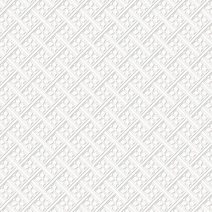 Laura Ashley Vliestapete Mr Jones - Weiß, Ornament, 1.000 x 52 cm - Weißes Prägemuster mit diagonalen Bändern und floralen Quadratmotiven, eine strukturierte Oberfläche bildend.