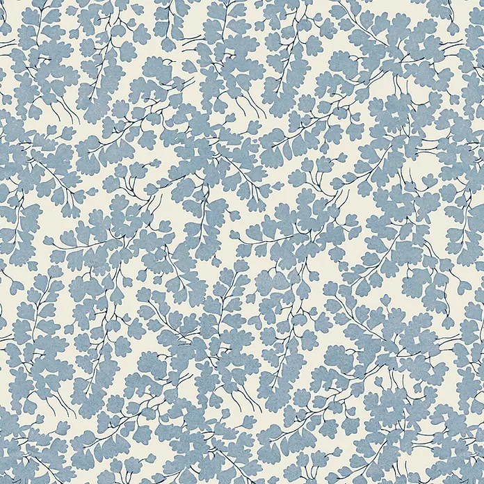 Laura Ashley Vliestapete Vliestapete Cariad - Blau, Floral, 10 x 0,52 m - Nahtloses Muster aus zarten hellblauen Blättern und Zweigen auf cremefarbenem Hintergrund.