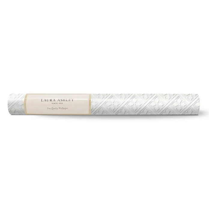 Laura Ashley Vliestapete Vliestapete Mr Jones - Weiß, Ornament, 1.000 x 52 cm - Weiße Laura Ashley Tapetenrolle mit geprägtem geometrischem Muster und beigem Markenetikett.
