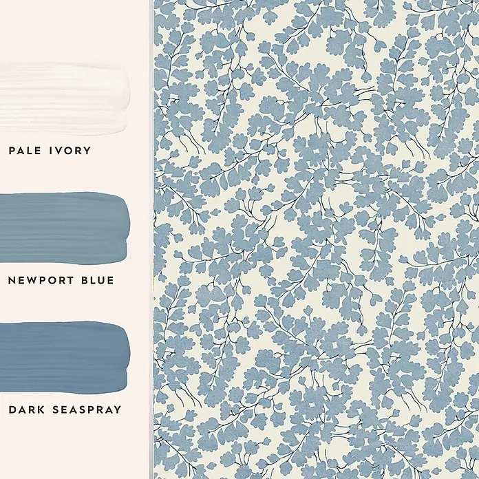 Laura Ashley Vliestapete Vliestapete Cariad - Blau, Floral, 10 x 0,52 m - Blaue Blumenmuster-Tapete mit passenden Farbproben in Pale Ivory, Newport Blue und Dark Seaspray.
