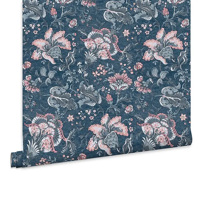 Laura Ashley Vliestapete Vliestapete Portia - Blau, Floral, 10 x 0,52 m - Dunkelblaue Tapetenrolle mit aufwendigem Blumenmuster in Rosa, Hellblau und Grau.