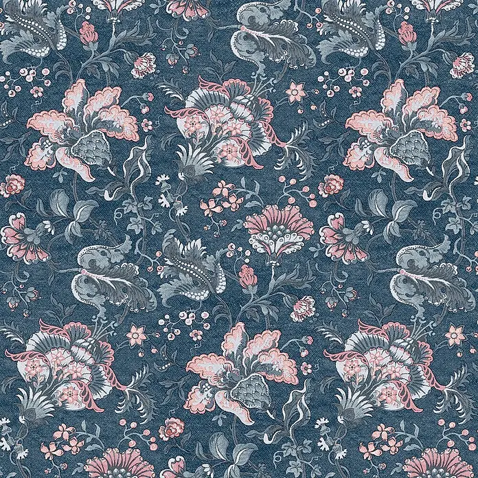 Laura Ashley Vliestapete Vliestapete Portia - Blau, Floral, 10 x 0,52 m - Detailreiches Blumenmuster auf blauem Denim-Hintergrund, mit rosa, grauen und weißen Blüten und Blättern.