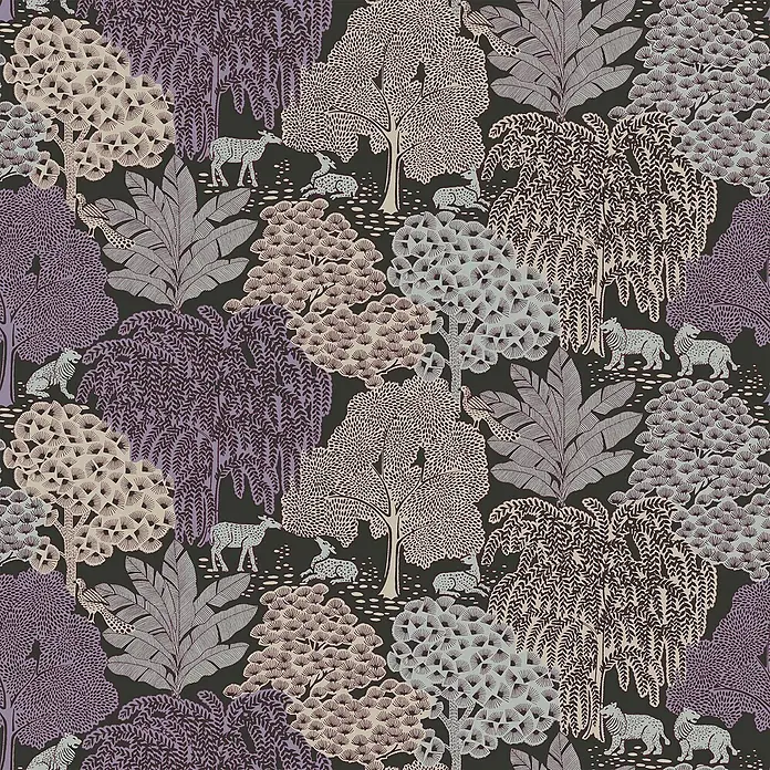 Laura Ashley Vliestapete Vliestapete Garwood Grove - Lila, Floral, 10 x 0,52 m - Nahtloses Muster mit stilisierten Waldszenen, Bäumen, Hirschen, Pfauen und Tigern in Lila, Beige und Blaugrau auf dunklem Hintergrund.