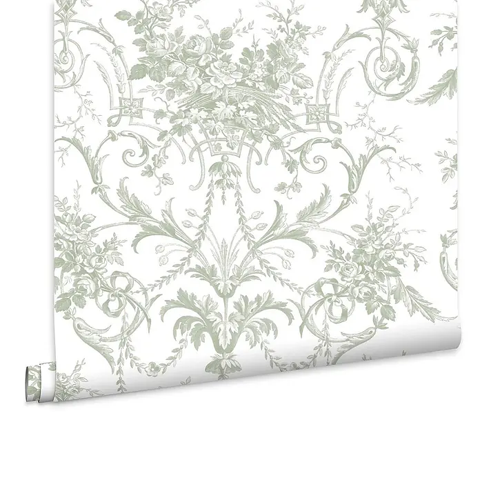 Laura Ashley Vliestapete Tuileries Französisch - Grün, Floral, 1.000 x 52 cm - Rolle weiße Tapete mit detailliertem hellgrünem Blumen- und Ornamentmuster.