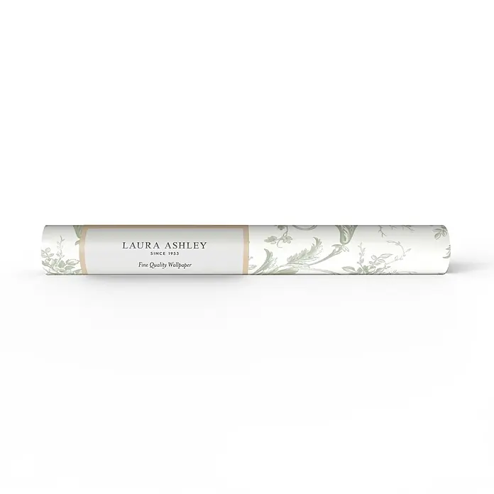 Laura Ashley Vliestapete Tuileries Französisch - Grün, Floral, 1.000 x 52 cm - Laura Ashley Tapetenrolle mit hellgrünem Blumenmuster und Markenetikett.