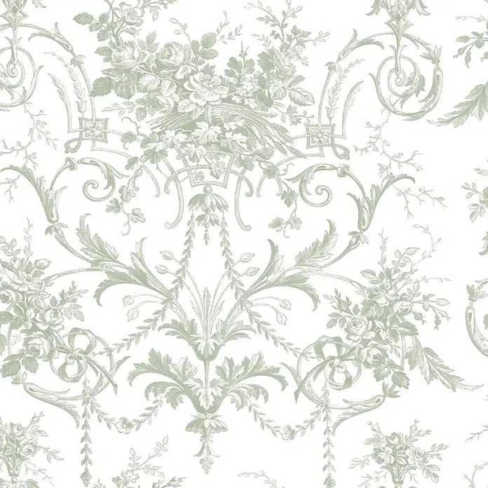 Laura Ashley Vliestapete Tuileries Französisch - Grün, Floral, 1.000 x 52 cm - Filigranes helles Salbeigrün Blumen- und Rokoko-Ornamentmuster.