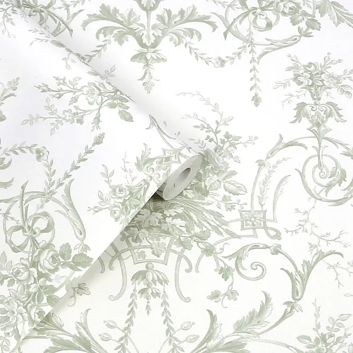 Laura Ashley Vliestapete Tuileries Französisch - Grün, Floral, 1.000 x 52 cm - Rolle weiße Tapete mit hellgrünem, detailreichem Blumenmuster aus Blättern, Blumen und Ranken, teilweise abgerollt.