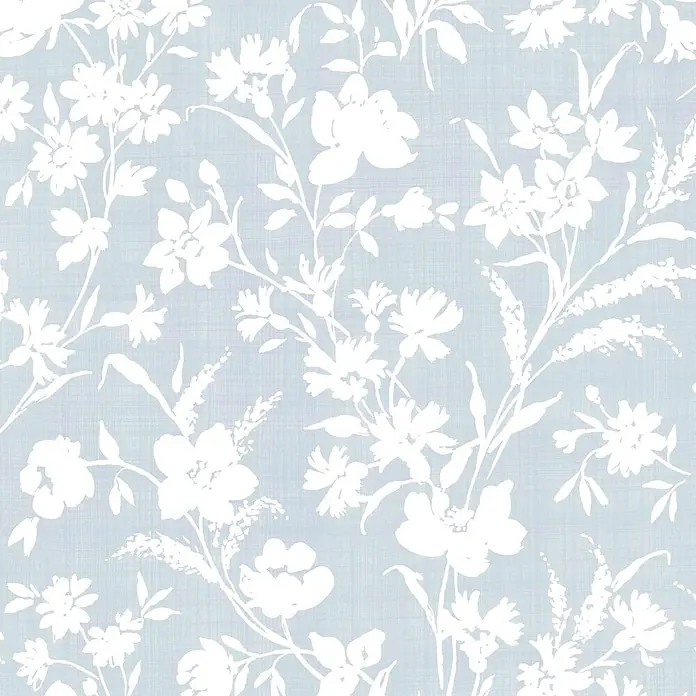 Laura Ashley Vliestapete Blumen Monoprint - Blau, Floral, 1.000 x 52 cm - Weißes Blumenmuster auf hellblauem strukturiertem Hintergrund.