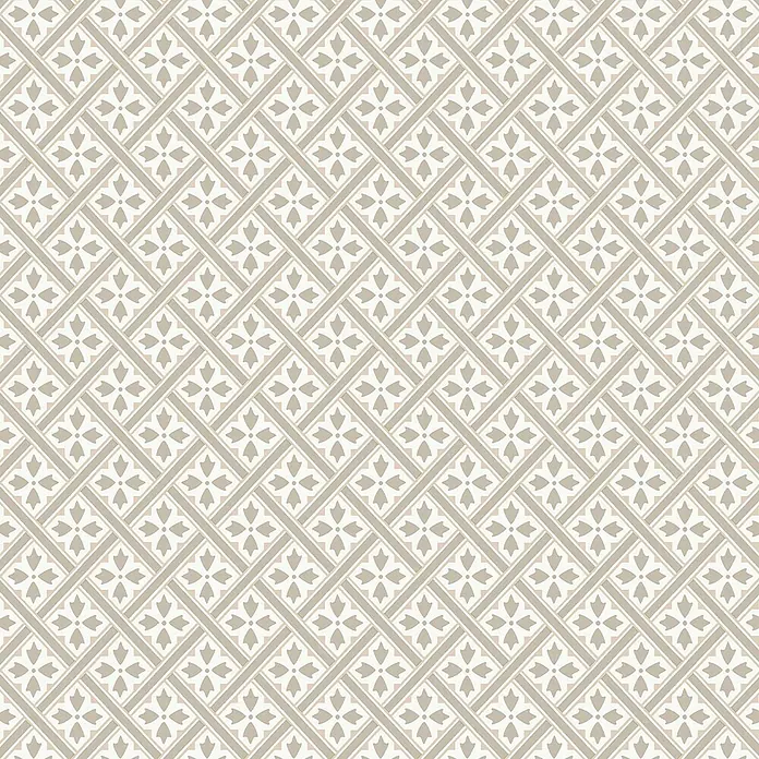Laura Ashley Vliestapete Vliestapete Mr Jones Retro - Hellgrau, Floral - Nahtloses Muster aus hellbeigen diagonalen Bändern, die Rauten bilden, jede mit einem hellgrauen stilisierten Blumenmotiv.