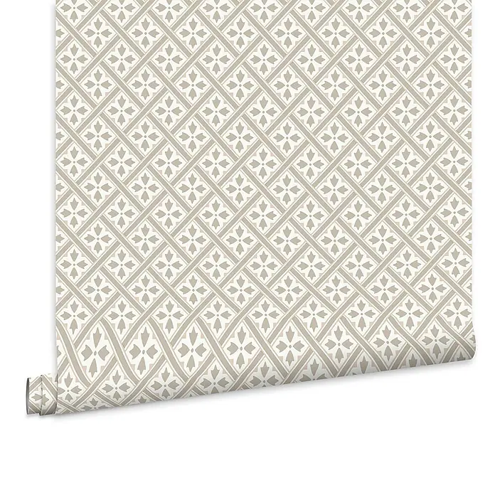 Laura Ashley Vliestapete Vliestapete Mr Jones Retro - Hellgrau, Floral - Beige und weiß gemusterte Tapetenrolle mit geometrischem Blumen-Gittermuster.