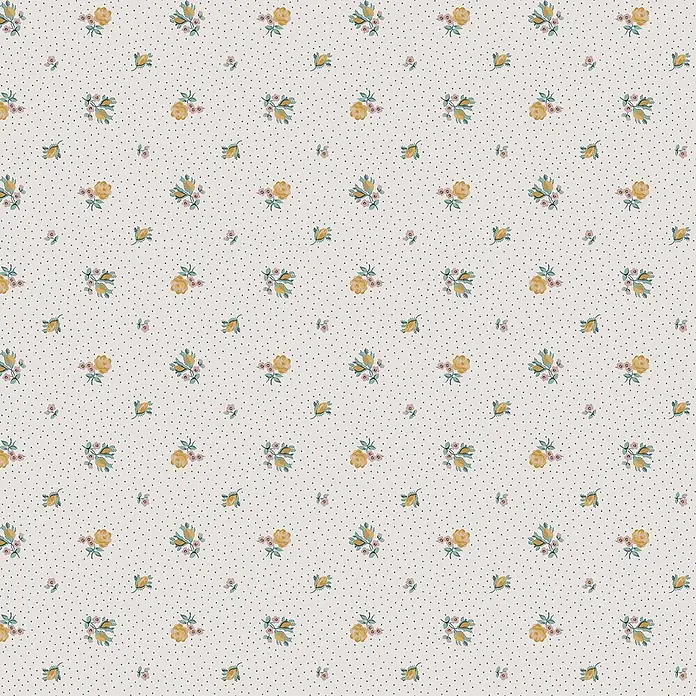 Laura Ashley Vliestapete Claudias Freund - Gelb, Floral, 1.000 x 52 cm - Nahtloses Muster aus kleinen gelben Rosen, rosa Blüten und grünen Punkten.