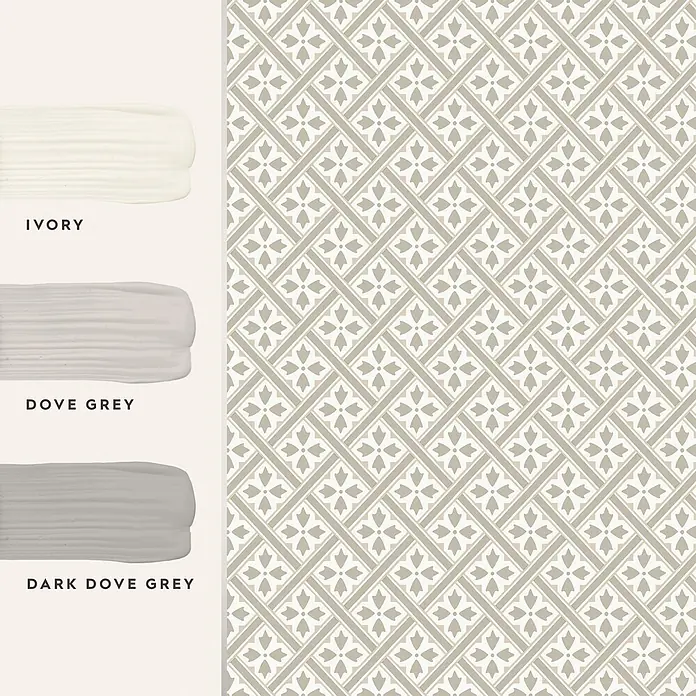 Laura Ashley Vliestapete Vliestapete Mr Jones Retro - Hellgrau, Floral - Geometrisches Muster mit Blumenmotiven in Beige und Cremeweiß, präsentiert mit passenden Farbmustern: Ivory, Dove Grey und Dark Dove Grey.