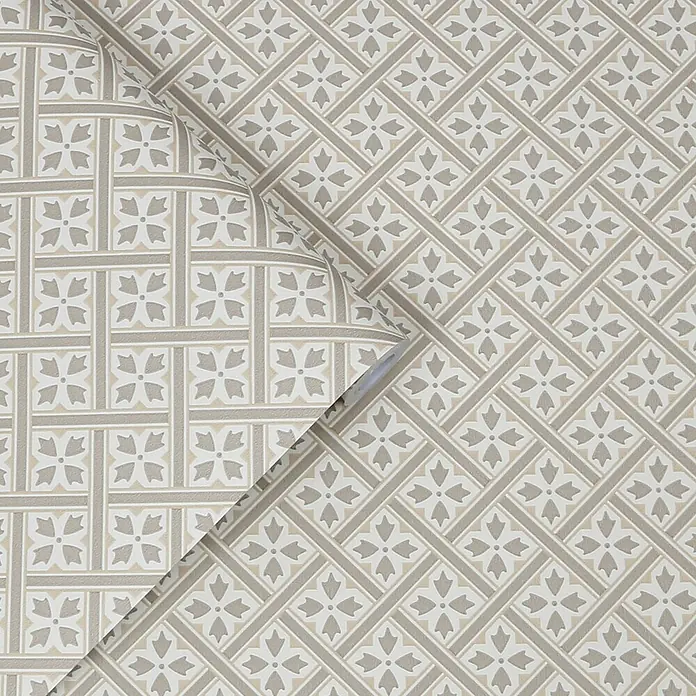 Laura Ashley Vliestapete Vliestapete Mr Jones Retro - Hellgrau, Floral - Gemusterter Stoff mit ineinandergreifendem geometrischem und floralem Design in Beige, Hellgrau und Cremeweiß.