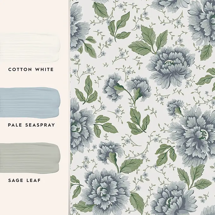Laura Ashley Vliestapete Pickworth - Hellblau, Floral, 1.000 x 52 cm - Florale Tapete mit blau-grauen Blüten und grünen Blättern auf Cremefarbe, dazu passende Farbmuster: Cotton White, Pale Seaspray, Sage Leaf.