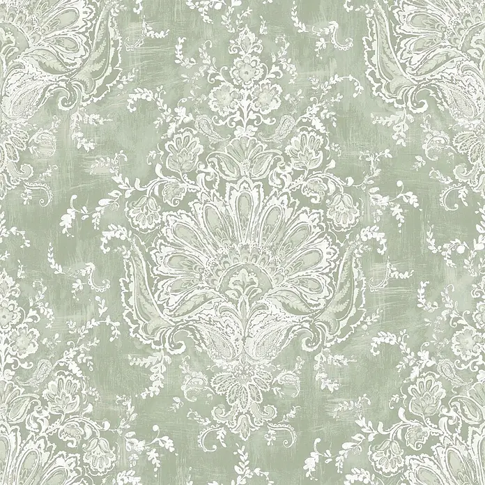 Laura Ashley Vliestapete ornamentales Motiv - Grün, Floral, 1.000 x 52 cm - Hellgrüne Tapete mit einem weißen, abgenutzten Damastmuster, das große florale und Paisley-Motive zeigt.