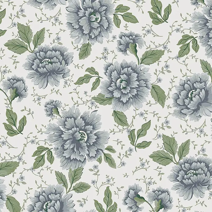 Laura Ashley Vliestapete Pickworth - Hellblau, Floral, 1.000 x 52 cm - Florales Muster mit großen graublauen Blüten und grünen Blättern.